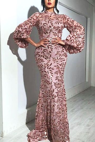Blush Pink Leaf Print Trumpet Sleeve Evening Gown