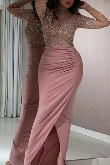 Rose Gold Sequined High Slit Evening Gown