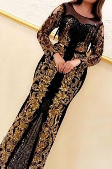 Black and Gold Embroidered Mermaid Evening Gown