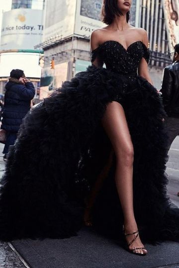 Strapless Sequin High-Low Black Tulle Gown with Shorts
