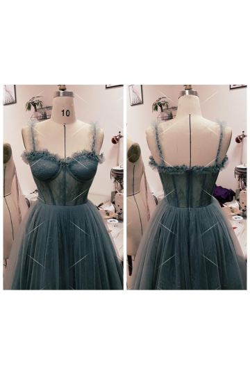 Blue Gray Lace Tulle Tea-length Formal Prom Celebrity Inspired Dress Pinterest