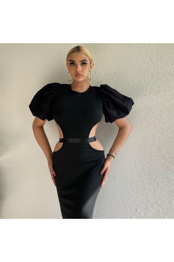 Black Puff Sleeve Cutout Waist Midi Dress