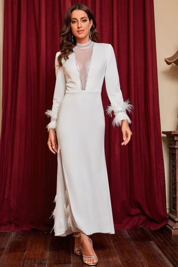 Feathered Elegance Long Sleeve Gown