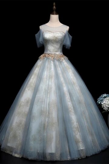 Moonlit Bloom – Blue Tulle Embroidered Gown