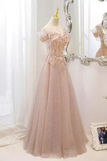 Twilight Bloom – Champagne Pink Tulle Gown