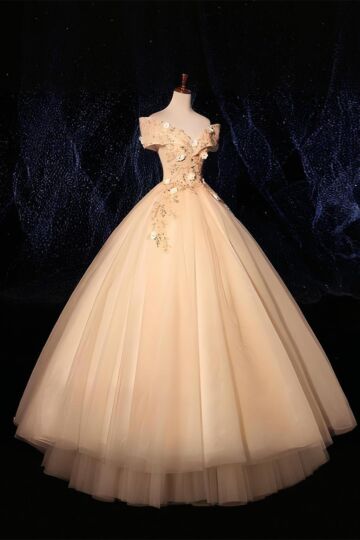 Moonlit Bloom – Champagne Embroidered Dress