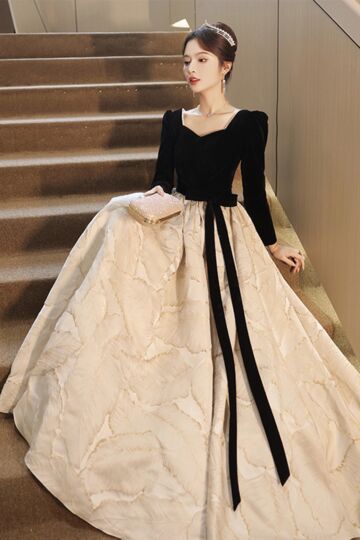 Noir & Ivory Heirloom — Velvet Bodice Jacquard Ball Gown