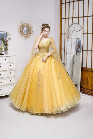 Golden Enchantress – Embroidered Tulle Ball Gown with Cape Sleeves