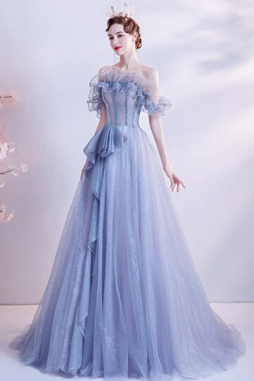 Moonlit Periwinkle — Off-Shoulder Ruffle Glitter Gown