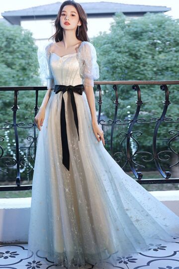 Moonbeam Bow Muse — Sweetheart Puff-Sleeve Maxi