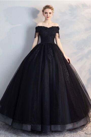 Midnight Noir Off-Shoulder Lace Ball Gown