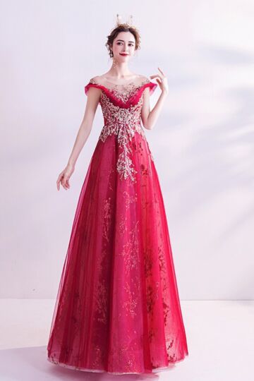 Ruby Gilded Blossom Off-Shoulder Tulle Gown
