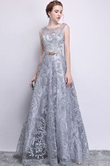 Platinum Filigree Lace Belted Evening Gown