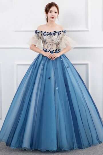 Ocean Blossom Off-Shoulder Tulle Ball Gown