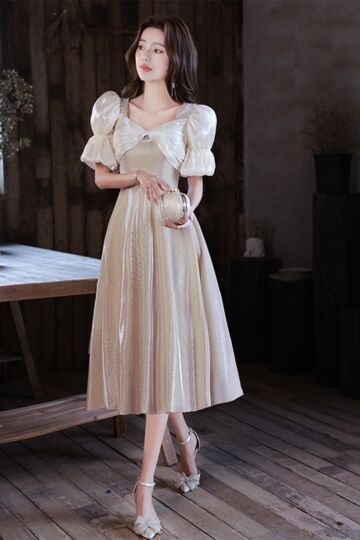 Gold Glitter A-Line Cocktail Dress | Tea-Length | Puff Sleeves
