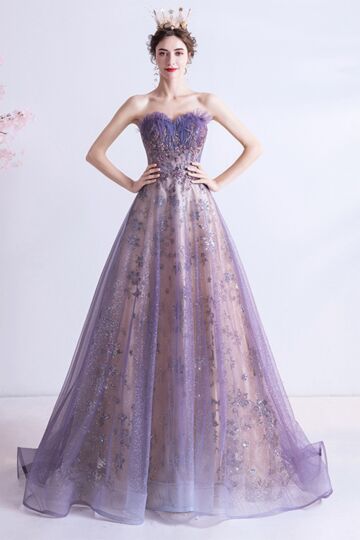 Lavender Strapless Feathered-Sweetheart Glitter Tulle Ball Gown
