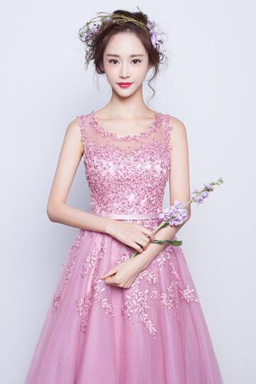 Blush Pink Illusion-Neck Beaded Lace Tulle Evening Gown