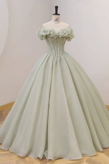 Sage Green Off-Shoulder Ruffled-Collar Corset Ball Gown