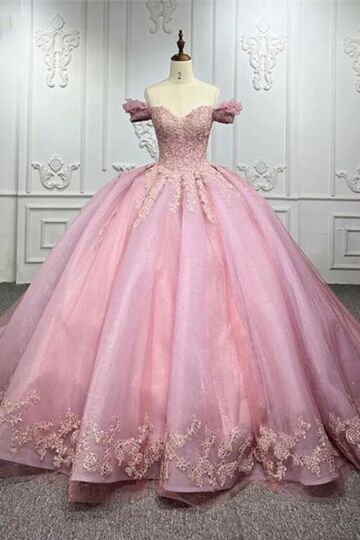 Blush Pink Off-Shoulder Lace Appliqué Tulle Ball Gown