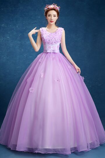 Lace Appliqué Tulle Ball Gown with Bow Belt – Sleeveless Scoop-Neck Prom