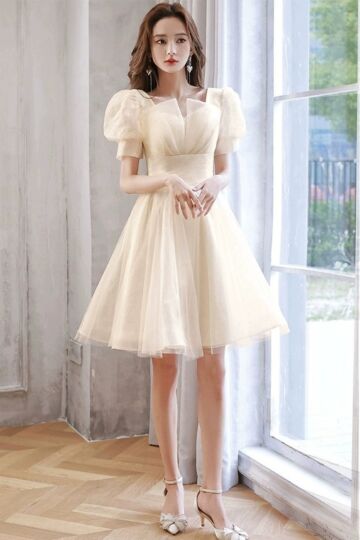 Champagne Puff Sleeve Short Tulle Dress