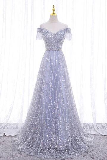 Elegant Silver Off-Shoulder Sequin Evening Gown