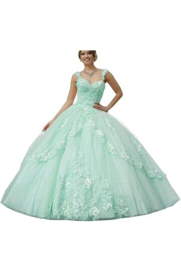 Mint Green Floral Lace Quinceañera Ball Gown