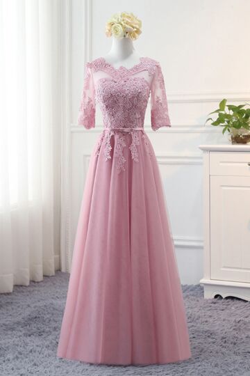 Illusion Neckline, Half Sleeves & Belted Floor-Length Tulle Dress