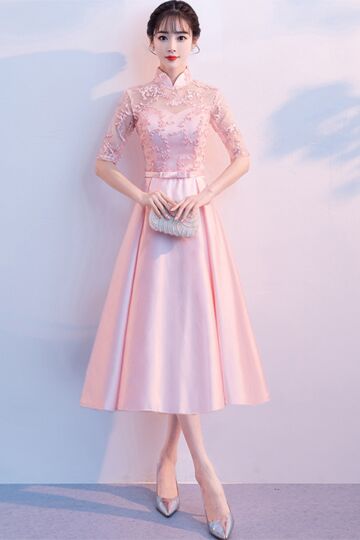 Blush Pink Qipao-Inspired Tea-Length Dress