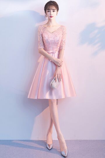 Blush Pink V-Neck Lace Illusion Bodice Short A-Line Satin Cocktail Dress