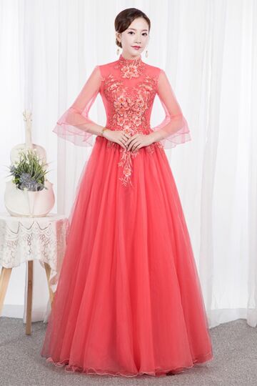 Coral Red Qipao-Inspired Embroidered Tulle Ball Gown