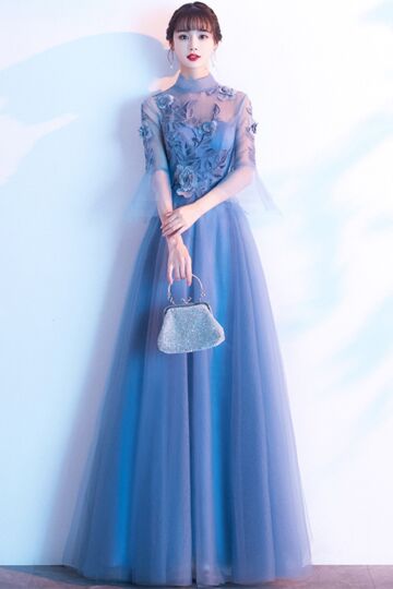 Dusty Blue High-Neck 3D Floral Appliqué Tulle A-Line Evening Gown