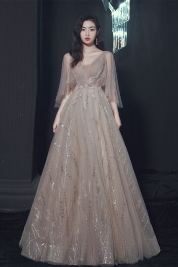 Taupe Deep V-Neck Glitter Tulle A-Line Evening Gown
