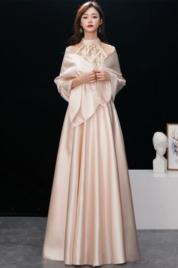 Halter Sequin Lace Bodice Satin A-Line Evening Gown with Matching Shawl