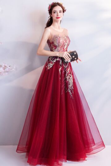 Sheer Mesh Bodice with Beaded Branch Appliqués, Flowing Skirt