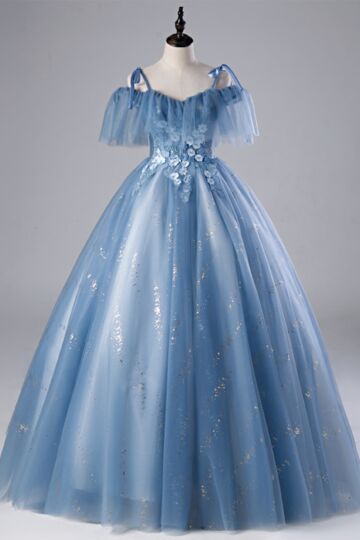 Off-Shoulder Bodice, Sparkly Tulle Skirt, Flower Appliqués