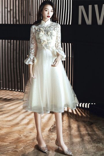 Champagne Lace High-Neck Party Dress