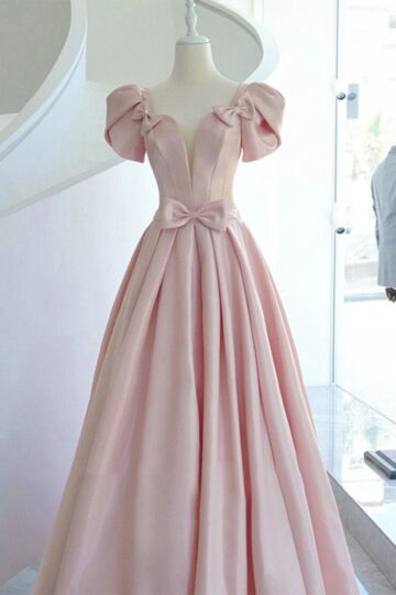 Deep-V Corset Bodice, Puff Sleeves & Bows, Formal Dress