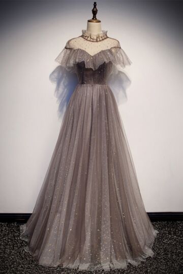 Vintage Grey Sparkle A-Line Prom Dress with Sheer Ruffled Neck