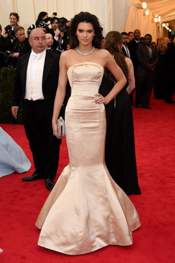 Champagne Glow Kendall Jenner Inspired Champagne Satin Strapless Mermaid Celebrity Formal Prom Dress Met Gala 2014