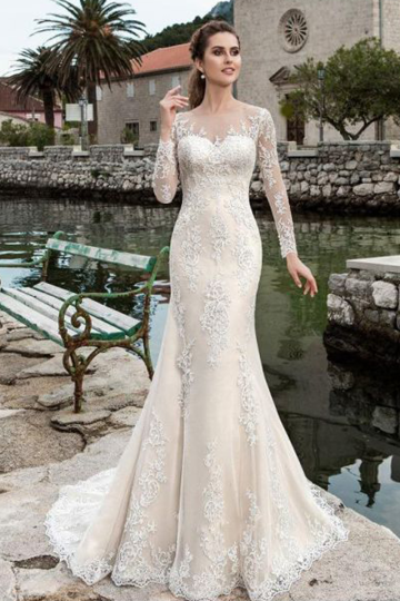 Long-Sleeve Lace Mermaid Gown with Illusion Neckline for Formal Events