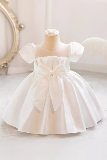 Girls' Satin Bow-Tie Party Dress with Puff Sleeves