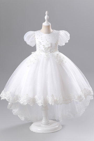 Girls' White Floral Embellished Puff Sleeve Princess Dress