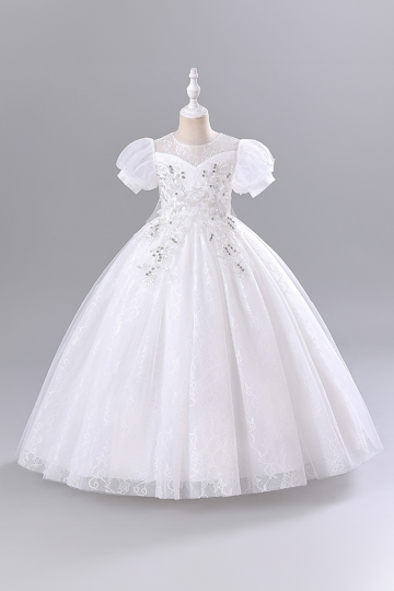 Girls' White Lace Floral Embellished Puff Sleeve Princess Dress