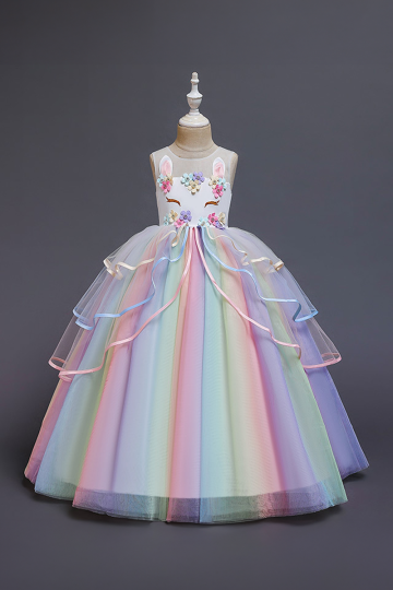 Girls' Rainbow Tulle Bunny Embellished Sleeveless Princess Dress