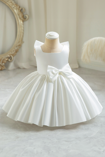 Girls' Classic White Satin Bow Back Dress