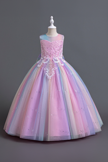 Girls' Rainbow Sequin Princess Dress with Embellished Bodice