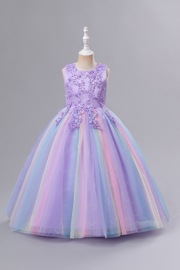 Girls' Purple Floral Embellished Rainbow Tulle Princess Dress