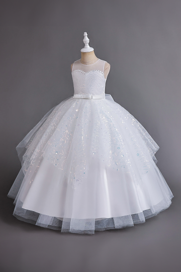 Girls' White Sequin Embellished Tulle Ball Gown with Satin Belt