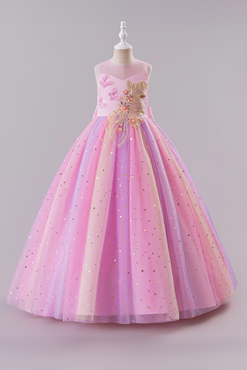 Girls' Pink and Purple Sequin Embellished Princess Gown with Floral Detailing